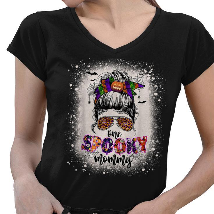 One Spooky Mommy Mama Halloween Mom Life Messy Bun Bleached  Women V-Neck T-Shirt