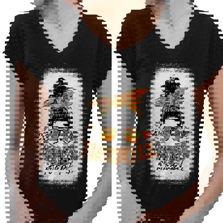 One Thankful Principal Messy Bun Fall Thanksgiving Gifts Women V-Neck T-Shirt