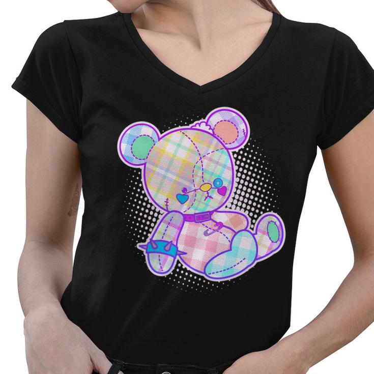 Pastel Kawaii Cute Goth Punk Teddy Bear Women V-Neck T-Shirt