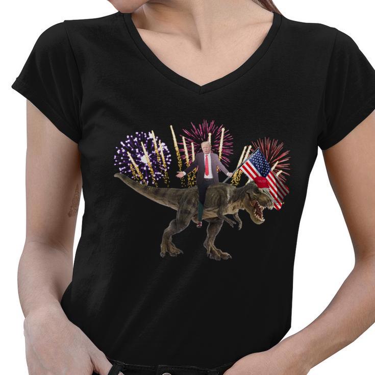 Patriotic Donald Trump On A Dinosaur Women V-Neck T-Shirt