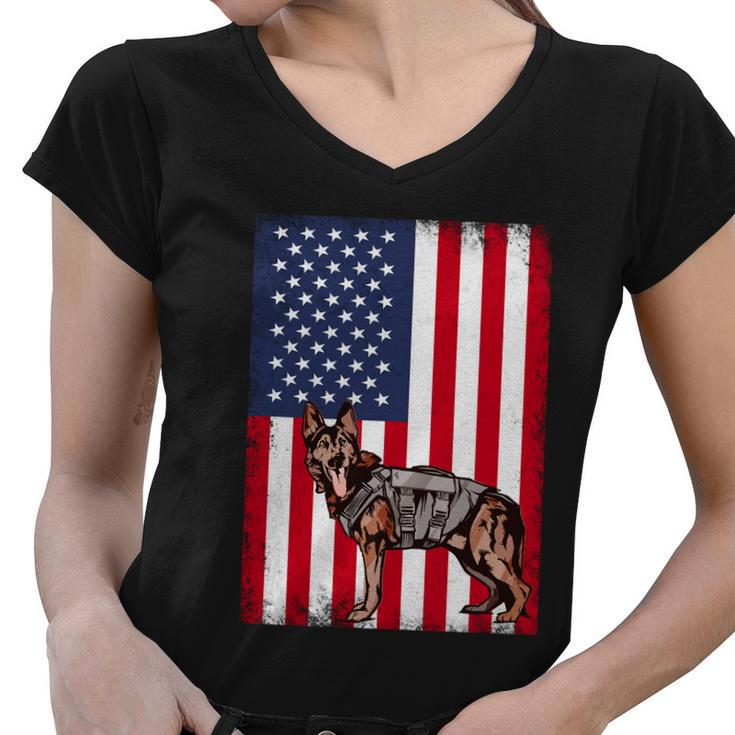 Patriotic German Shepherd American Flag Grunge Dog Lover Gift Women V-Neck T-Shirt