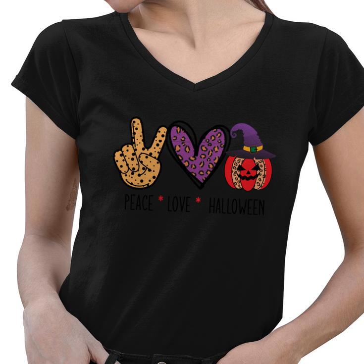 Peace Love Halloween Funny Halloween Quote Women V-Neck T-Shirt