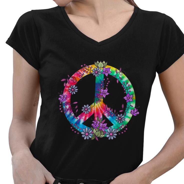 Peace Sign Love Flowers 60S 70S Tie Dye Hippie Costume Women V-Neck T-Shirt