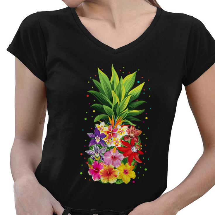 Pineapple Flowers Aloha Hawaii Vintage Hawaiian Floral Women Women V-Neck T-Shirt