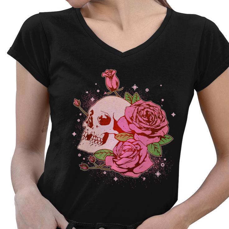 Pink Roses Skull Tattoo Women V-Neck T-Shirt