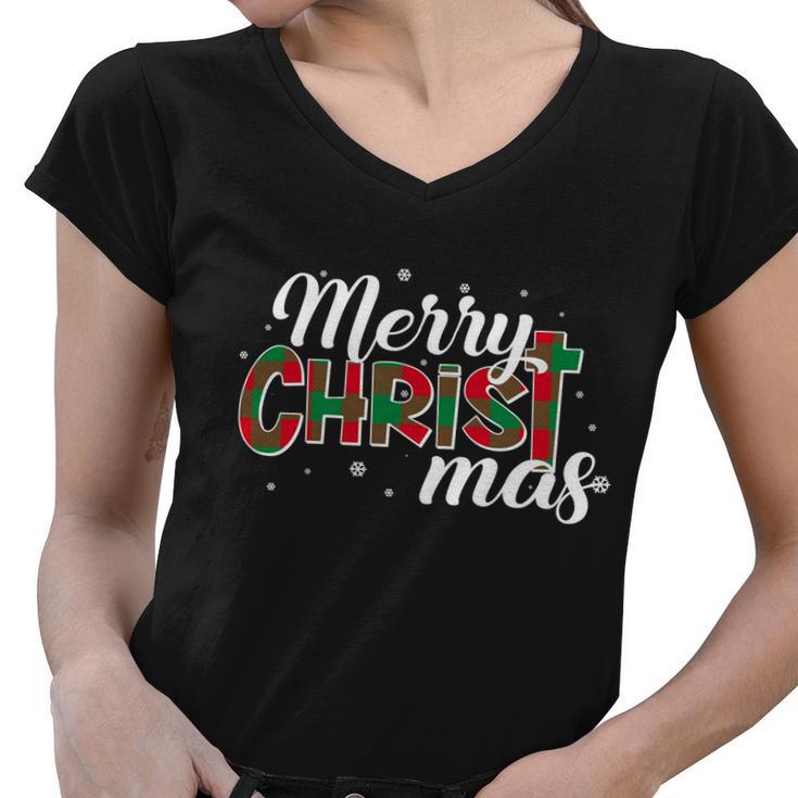 Plaid Merry Christmas Christ Tshirt Women V-Neck T-Shirt