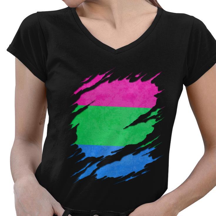 Polysexual Pride Polysexual Pride Flag Ripped Reveal Women V-Neck T ...