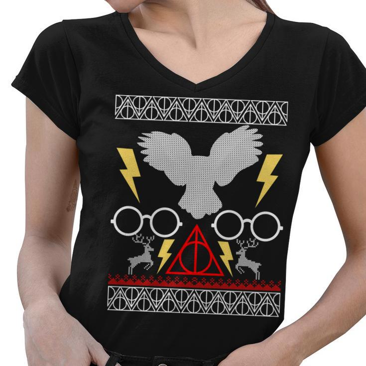 Potter Ugly Christmas Sweater Lighting Women V-Neck T-Shirt