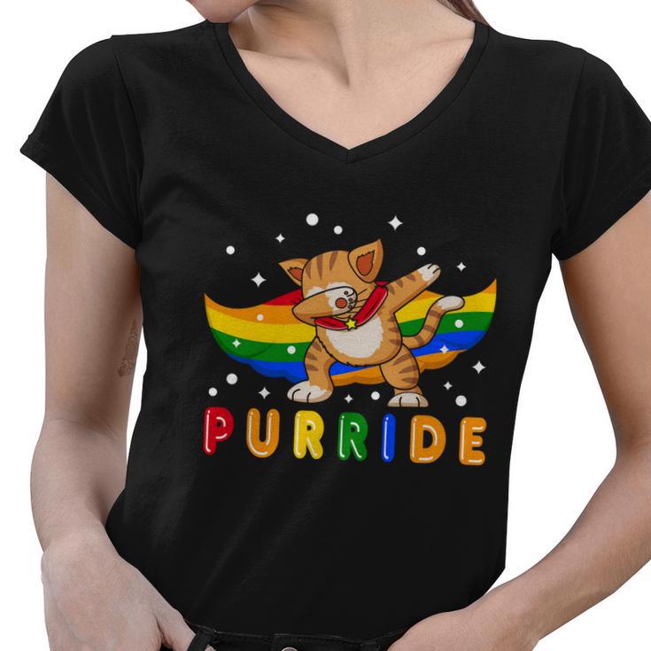 Pride Month Dabbing Purride Cat Gay Pride Lgbt Women V-Neck T-Shirt