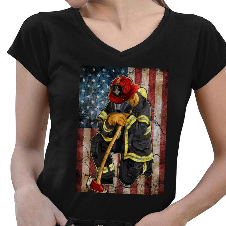 Proud To Be A Firefighter Usa American Flag Red Line Women V-Neck T-Shirt
