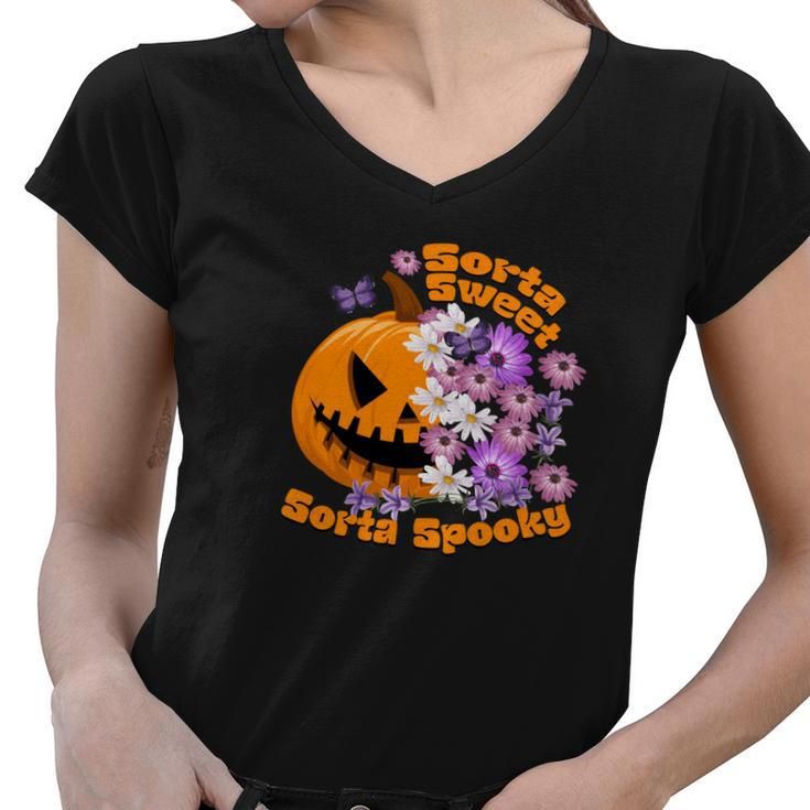 Pumpkin Daisy Sorta Sweet Sorta Spooky Halloween Women V-Neck T-Shirt