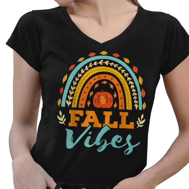 Pumpkin Fall Vibes Rainbow Autumn Colors Thanksgiving Day  Women V-Neck T-Shirt
