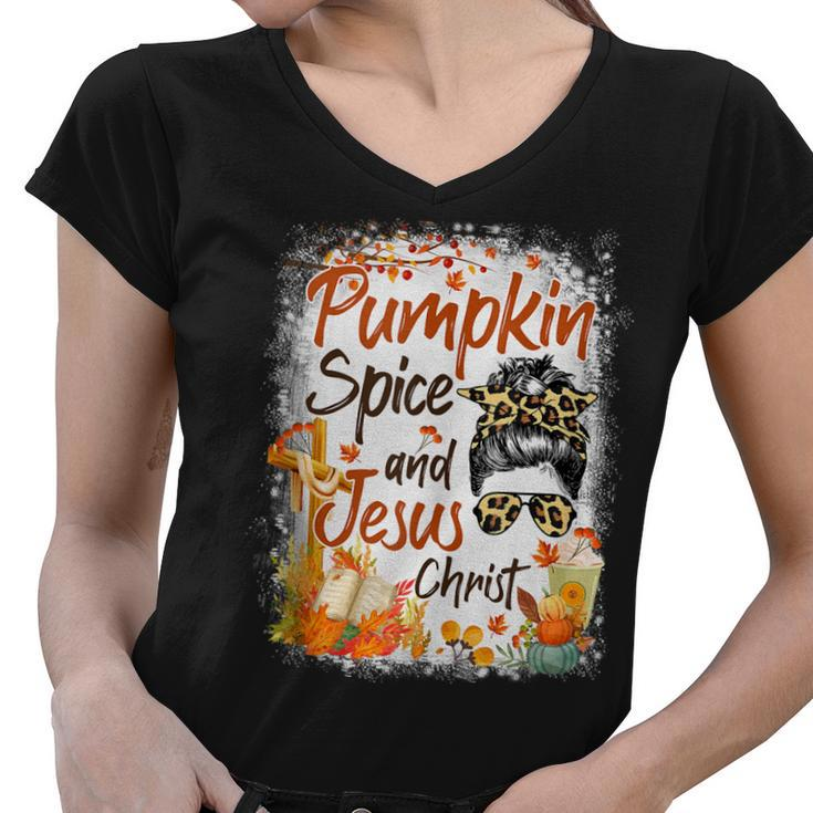 Pumpkin Spice And Jesus Christ Leopard Messy Bun Fall  Women V-Neck T-Shirt
