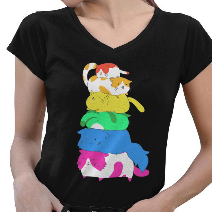 Purride Rainbow Lgbt Cat Pile Funny Feline Gay Pride Cat Gift Women V-Neck T-Shirt