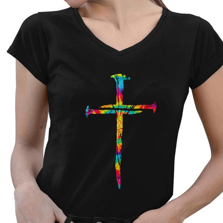 Rainbow Funny Christian Jesus Nail Cross Tie Dye Bible Women V-Neck T-Shirt