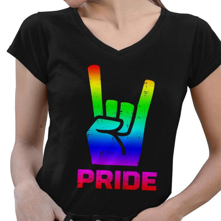 Rainbow Rock Hand Sign Pride Punk Gay Flag Lgbtq Men Women Gift Women V-Neck T-Shirt