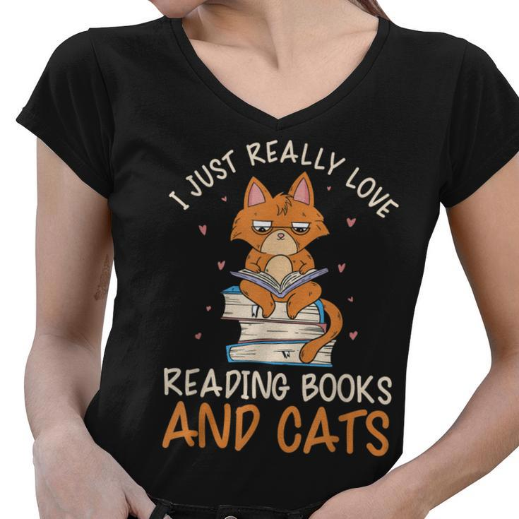 Reading Books And Cats Cat Book Lovers Reading Book  Women V-Neck T-Shirt