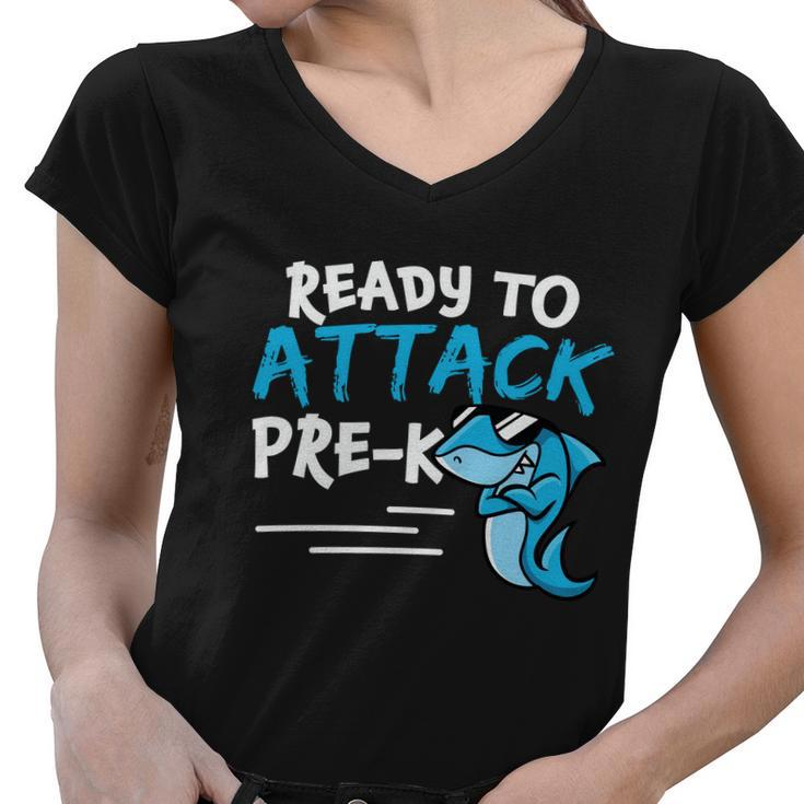 Ready To Attack Prek Shark Back To School Women V-Neck T-Shirt