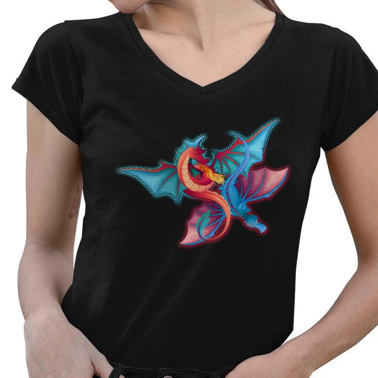 Red And Blue Flying Dragons Women V-Neck T-Shirt