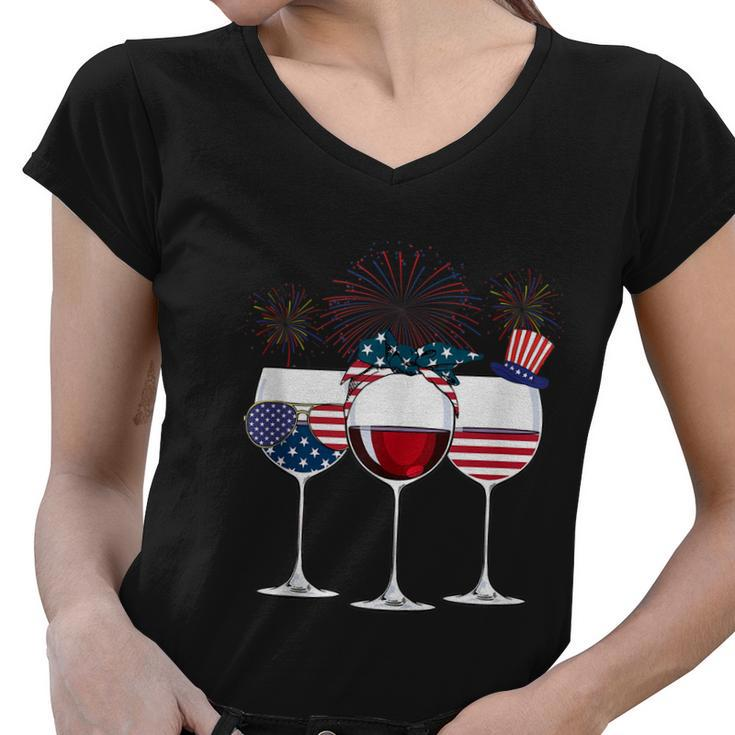 Red White And Blue Wine Glass 4Th Of July Women V-Neck T-Shirt