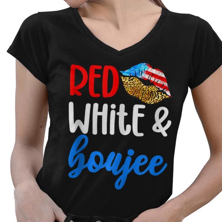 Red White And Boujee Funny 4Th Of July American Flag Lips  Women V-Neck T-Shirt