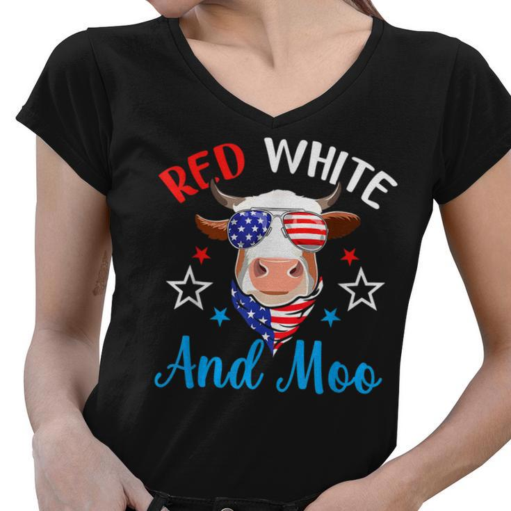 Red White And Moo 4Th Of July Cow Usa Flag Farmer Patriotic  V2 Women V-Neck T-Shirt