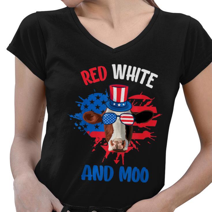 Red White And Moo Patriotic Cow Farmer 4Th Of July Tshirt Women V-Neck T-Shirt