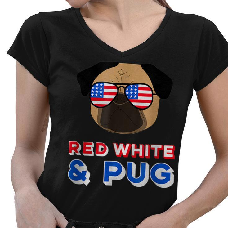 Red White And Pug  Funny Usa Dog 4Th July   Women V-Neck T-Shirt