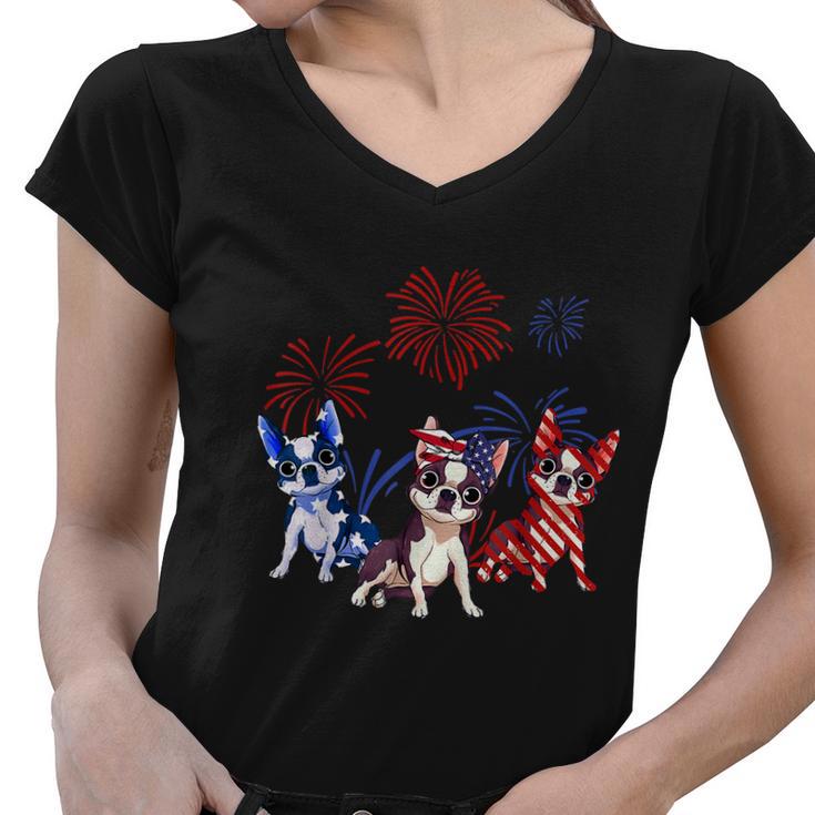 Red White Blue Boston Terrier Usa Flag 4Th Of July Women V-Neck T-Shirt