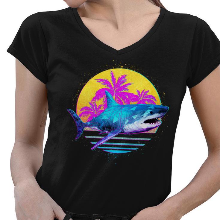 Retro 80S Polygon Shark Women V-Neck T-Shirt