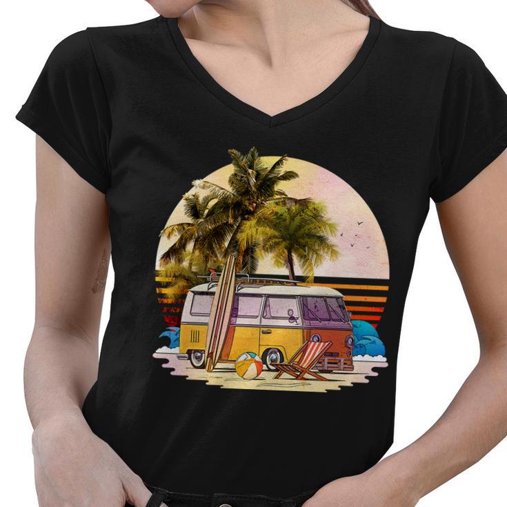 Retro Beach Bum Hippie Van Women V-Neck T-Shirt