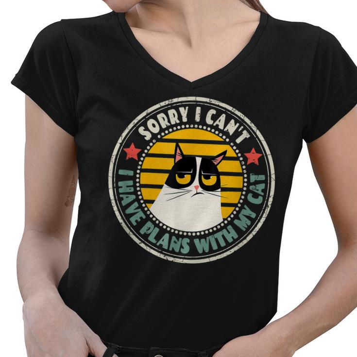 Retro Cat Im Sorry I Cant I Have Plans With My Cats  Women V-Neck T-Shirt