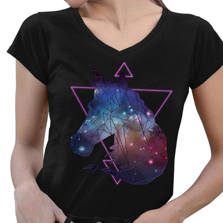 Retro Eighties Polygon Galaxy Unicorn Women V-Neck T-Shirt