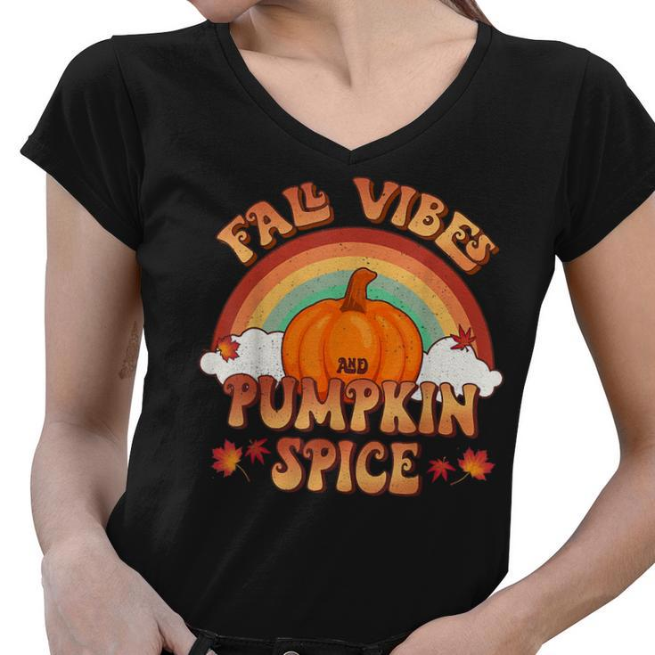 Retro Fall Vibes And Pumpkin Spice Rainbow Fall Autumn  Women V-Neck T-Shirt