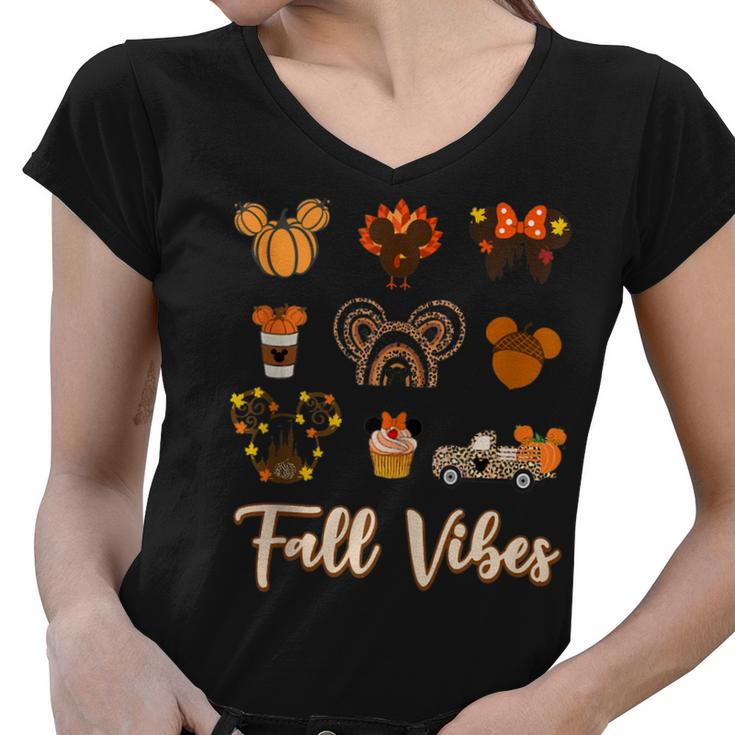 Retro Fall Vibes Pumpkin Turkey Halloween Fall Thanksgiving  Women V-Neck T-Shirt