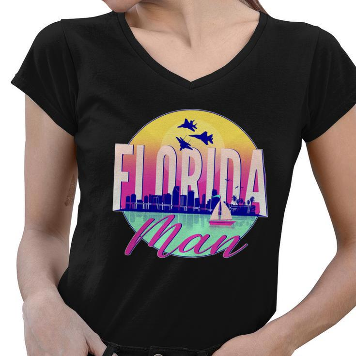Retro Florida Man Miama Skyline With Fighter Jets Women V-Neck T-Shirt