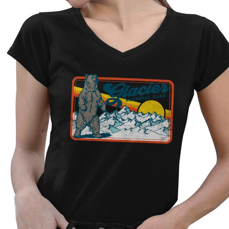 Retro Glacier National Park 80S Bear Graphic 80S Meaningful Gift Women V-Neck T-Shirt