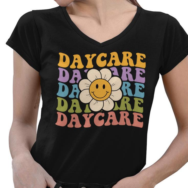 Retro Groovy Daycare Teacher Back To School Women V-Neck T-Shirt