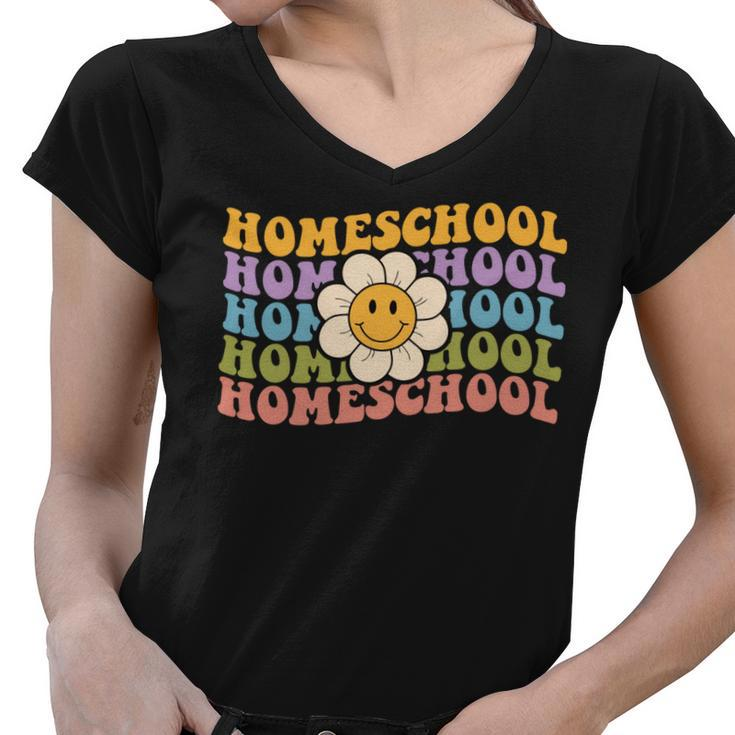 Retro Groovy Homeschool Teacher Back To School Home School Women V-Neck T-Shirt