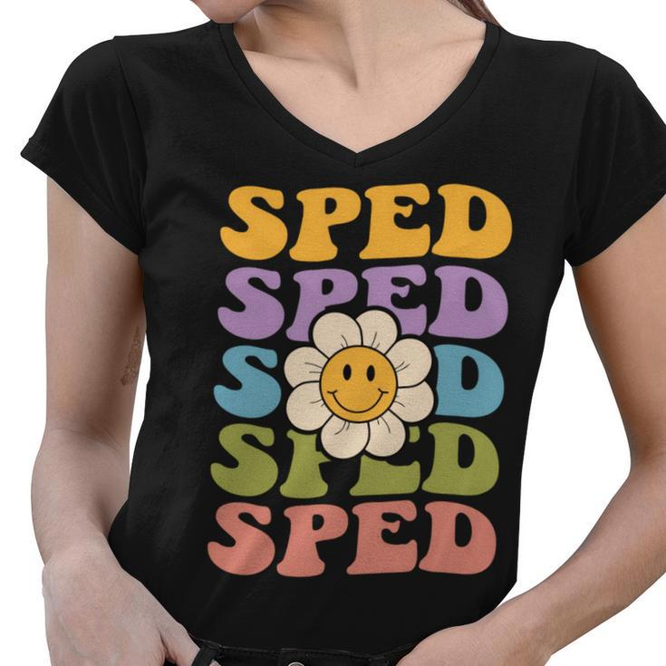 Retro Groovy Sped Teacher Back To School Special Education Women V-Neck T-Shirt