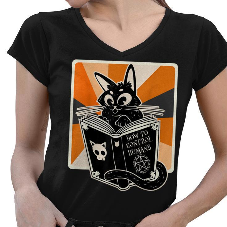 Retro Halloween Black Cat Funny Witch Book Cat Lover  Women V-Neck T-Shirt