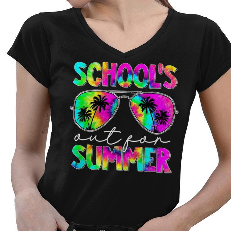 Retro Last Day School Schools Out For Summer Teacher Tie Dye V2 Women V-Neck T-Shirt