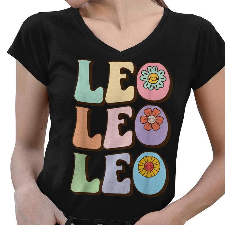 Retro Leo Zodiac Sign Astrology July August Birthday Leo  V2 Women V-Neck T-Shirt