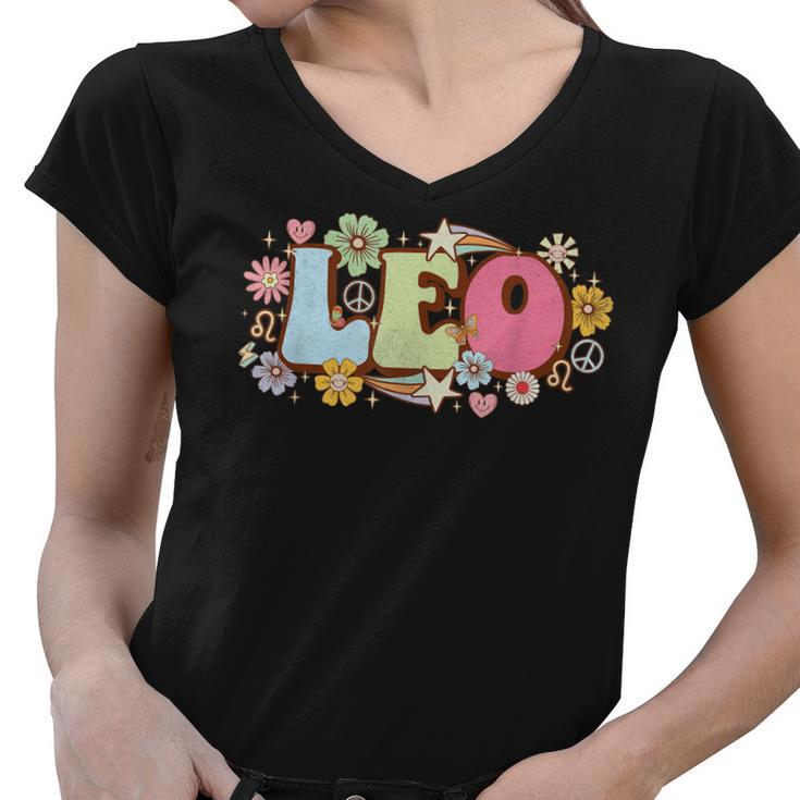 Retro Leo Zodiac Sign Astrology July August Birthday Leo  V3 Women V-Neck T-Shirt