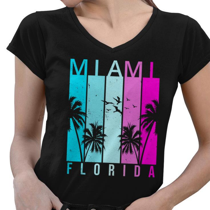 Retro Miami Florida Summer Neon Colors Women V-Neck T-Shirt