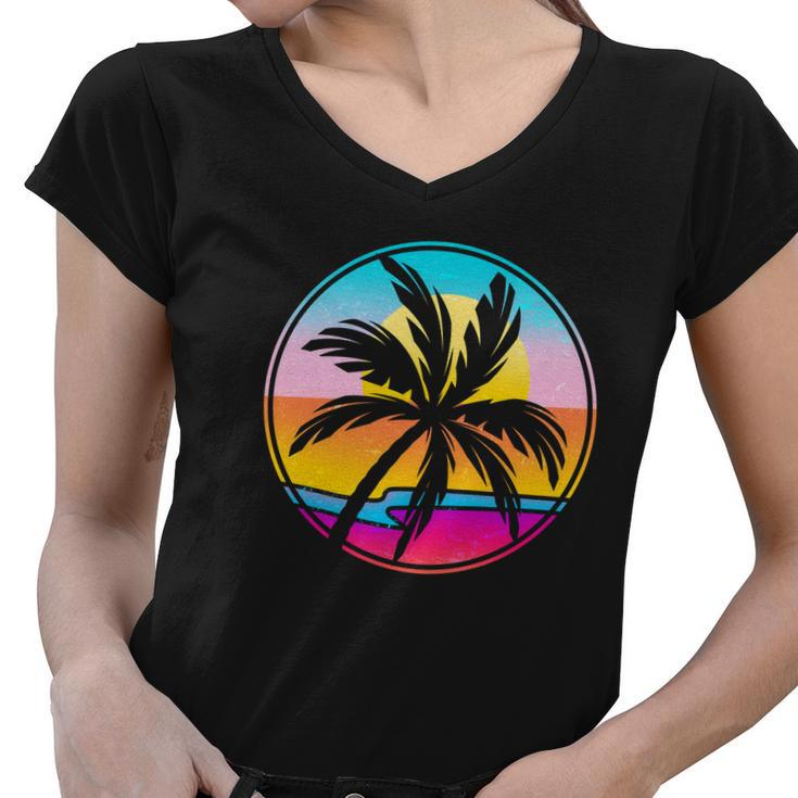Retro Ocean Sun Palm Tree Emblem Women V-Neck T-Shirt