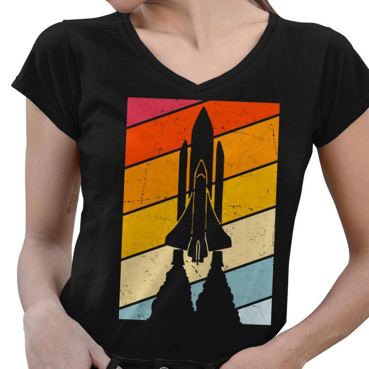 Retro Space Rocket Launch Women V-Neck T-Shirt