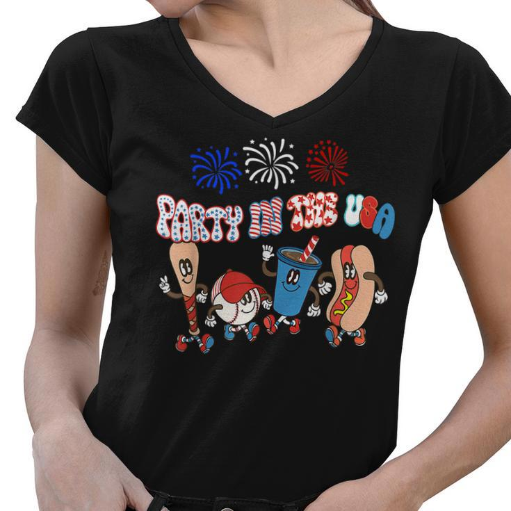 Retro Style Party In The Usa 4Th Of July Baseball Hot Dog  V2 Women V-Neck T-Shirt