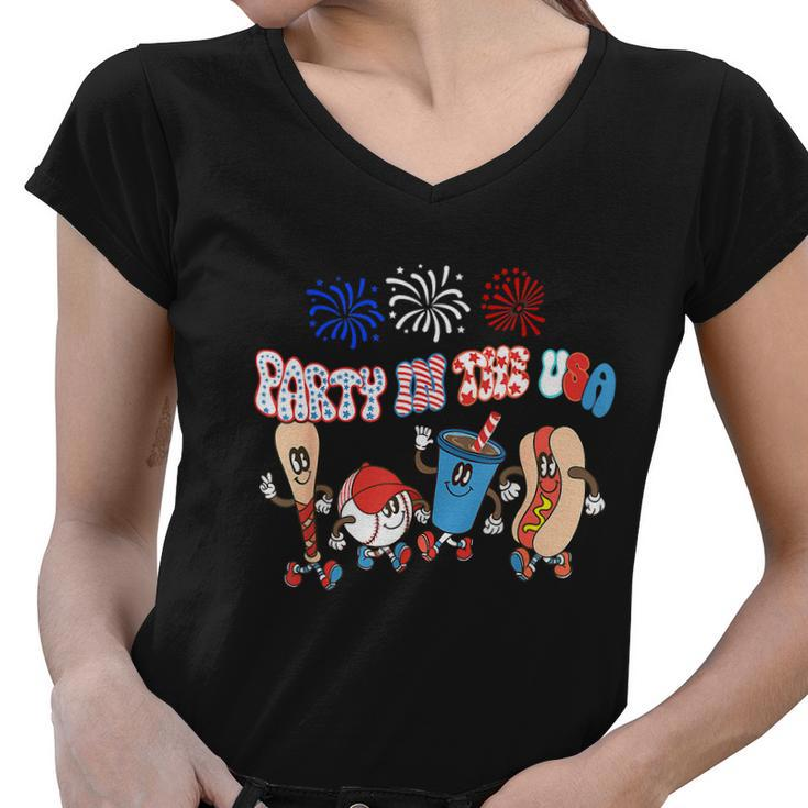 Retro Style Party In The Usa 4Th Of July Baseball Hot Dog Women V-Neck T-Shirt