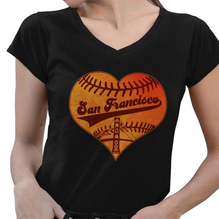 Retro Vintage San Francisco Baseball Heart Women V-Neck T-Shirt